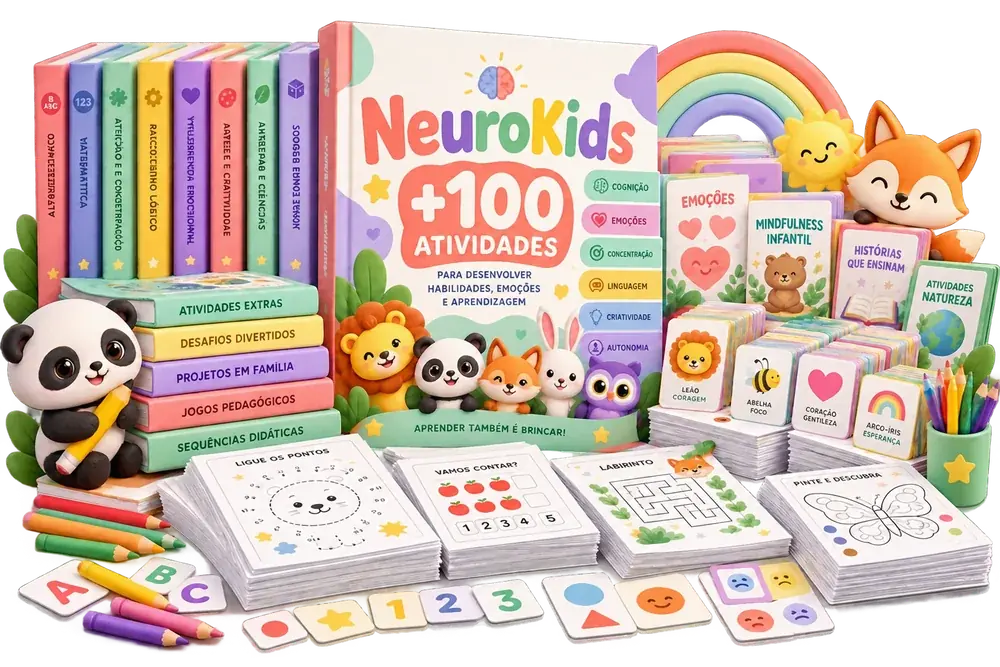 Kit NeuroKids com livros, cartões e folhas de atividades infantis